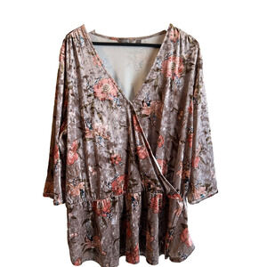 Velvet Printed Peplum Top Faux Wrap 3/4 Sleeve Blouse V Neck Womens Size 1X-2X